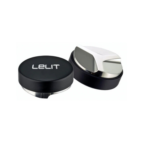 Lelit Coffee Leveller 57.35 mm top view with polished stainless steel base and black handle
