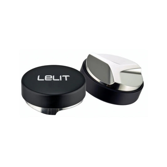 Lelit Coffee Leveller 57.35 mm top view with polished stainless steel base and black handle
