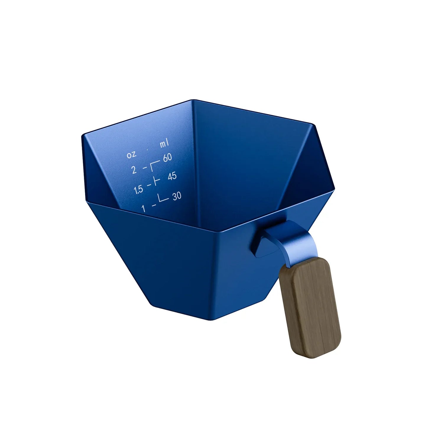 Blue metal scoop with wooden handle on a white background