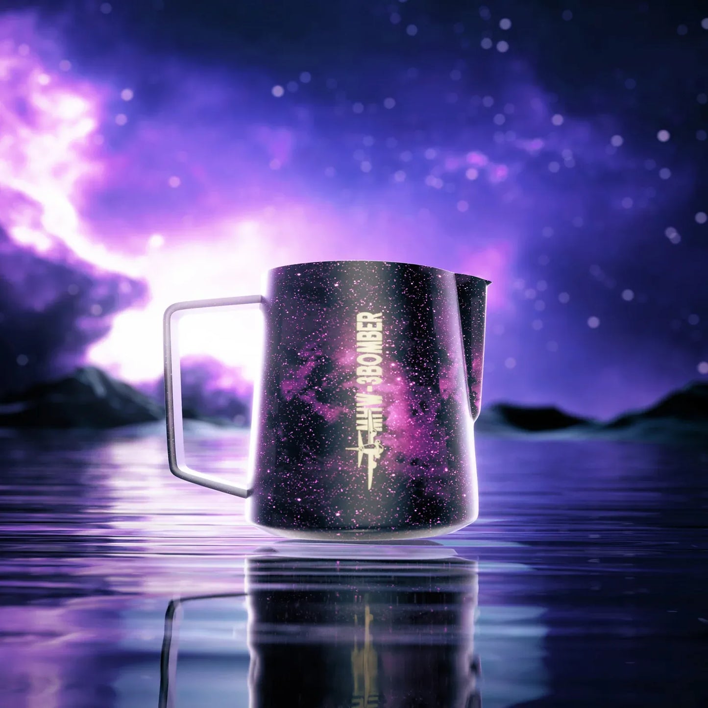 Mug with a brand logo against a mystical purple landscape