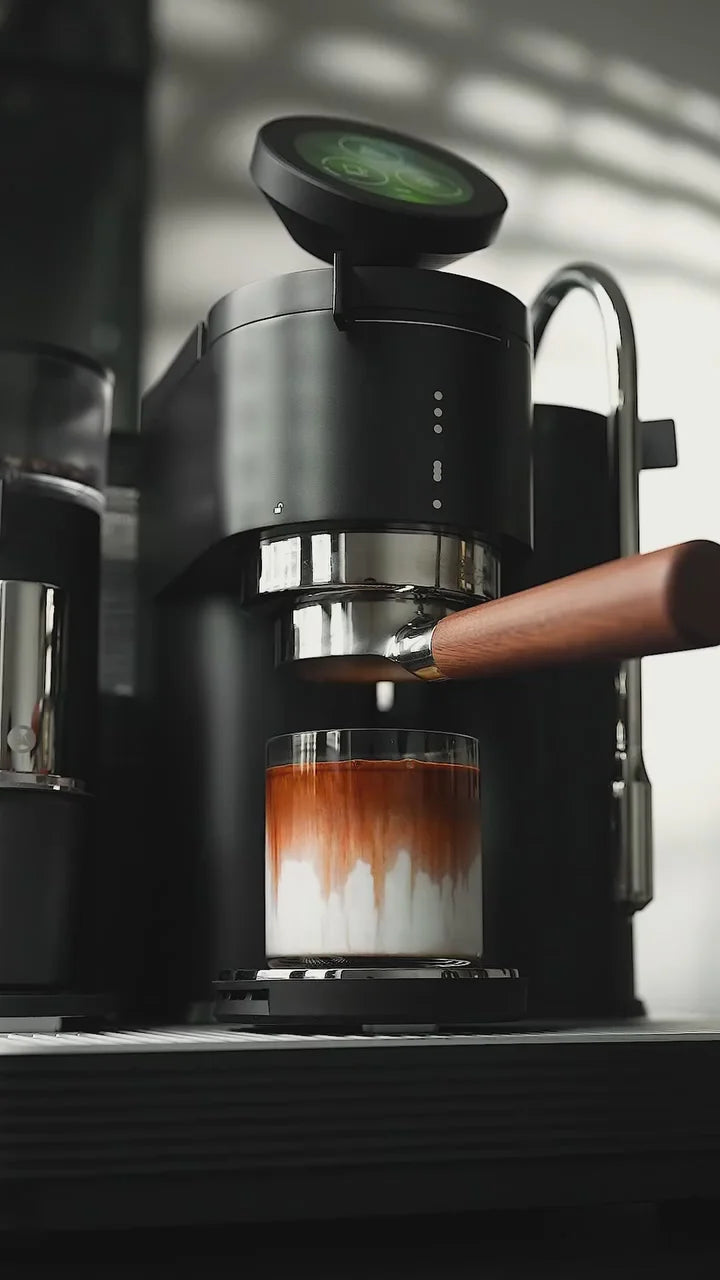 Coffee machine with a glass container filled with coffee and milk, being used to make a coffee drink.
