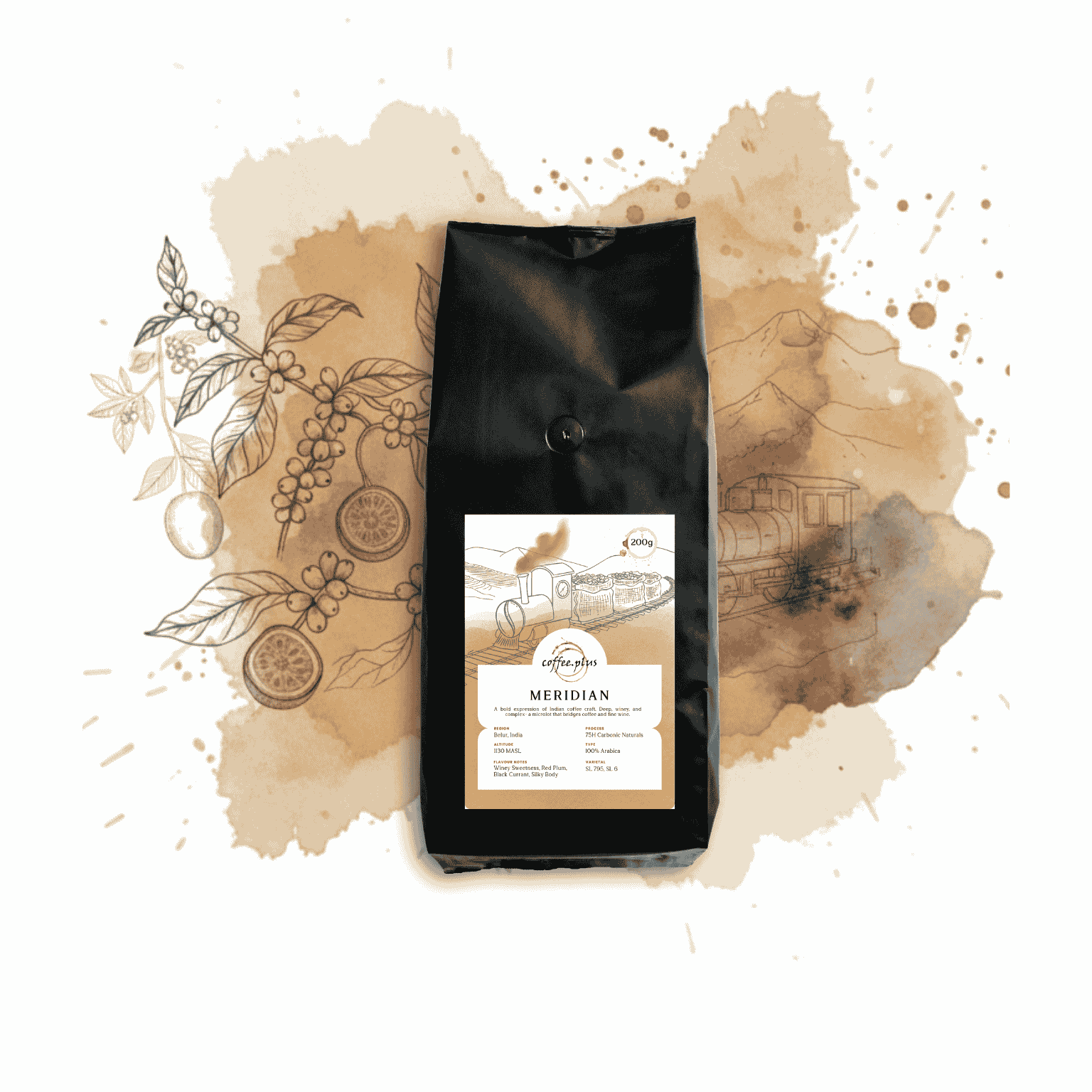 Coffee bag with 'Meridian' label on a coffee-themed background