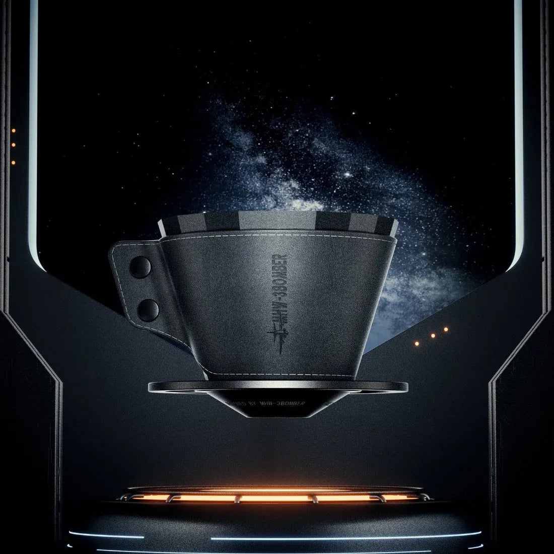 Black coffee dripper with starry night design on a dark background