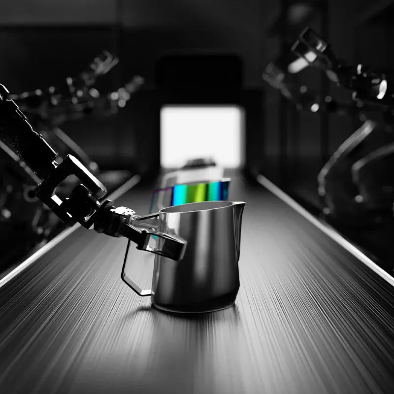 Robotic arm holding a metallic pitcher on a reflective surface with blurred background
