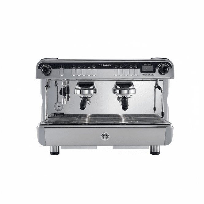 Stainless steel espresso machine with 'Casadio' branding on a white background