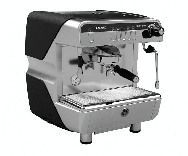 Silver espresso machine with black accents on a white background