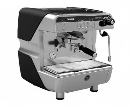 Silver espresso machine with black accents on a white background
