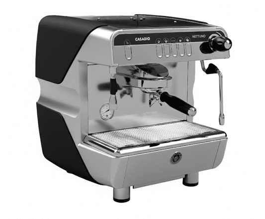 Silver espresso machine with black accents on a white background