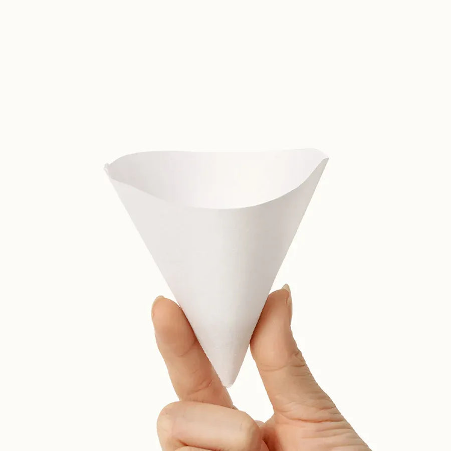 Hand holding a white paper funnel against a white background