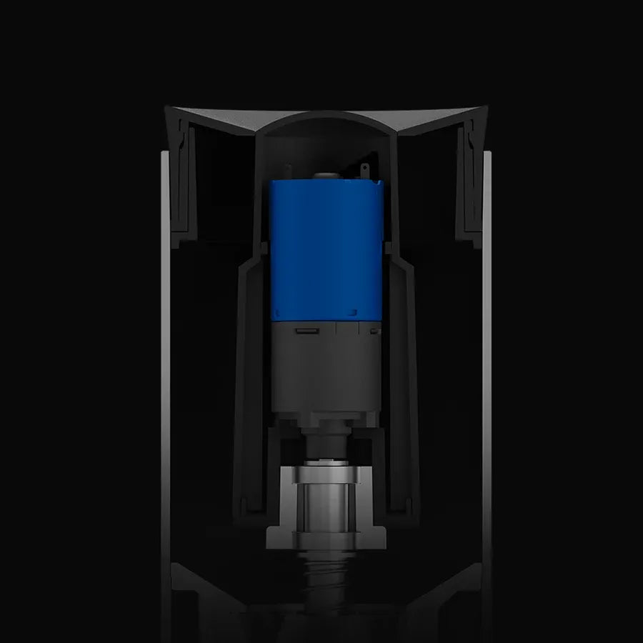 Mechanical component with blue and metallic parts on a black background
