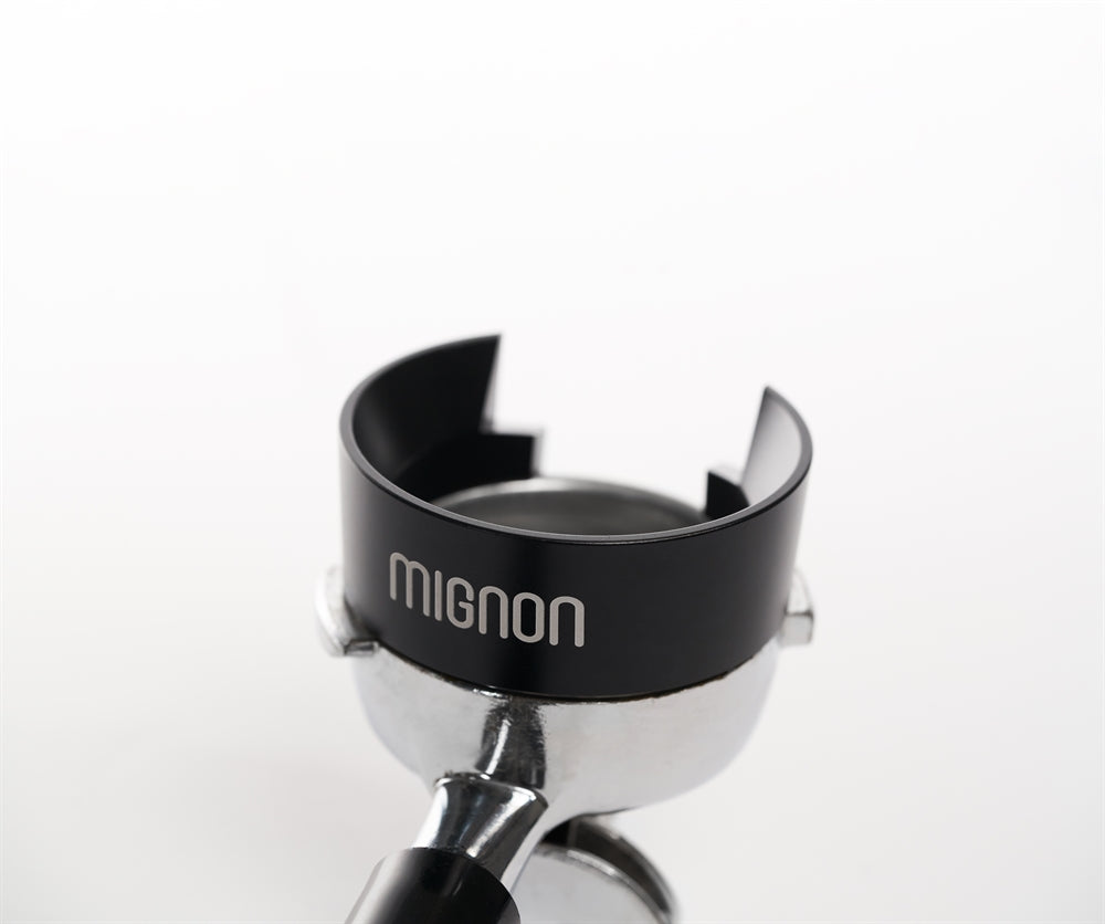 Side profile of Eureka Mignon Libra Chrome Dosing Funnel highlighting optimal height and ergonomic design
