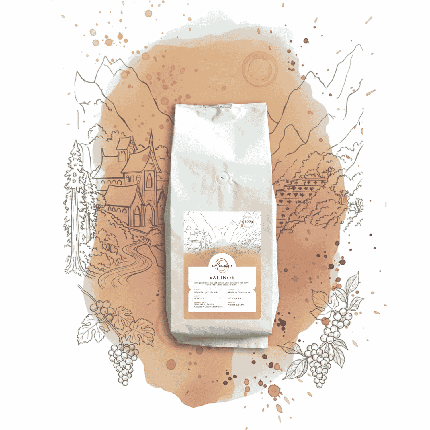 Coffee bag labeled 'Valinor' on a decorative background with illustrations and coffee beans.