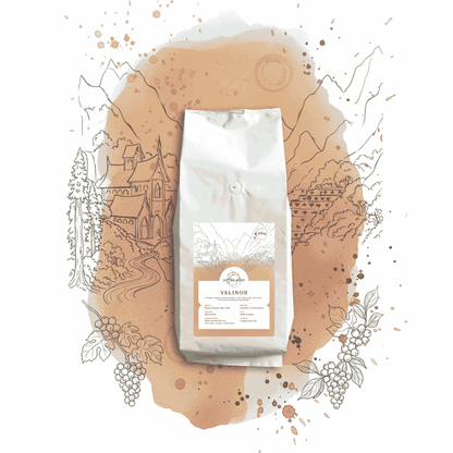 Coffee bag labeled 'Valinor' on a decorative background with illustrations and coffee beans.