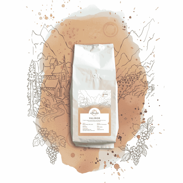 Coffee bag labeled 'Valinor' on a decorative background with illustrations and coffee beans.