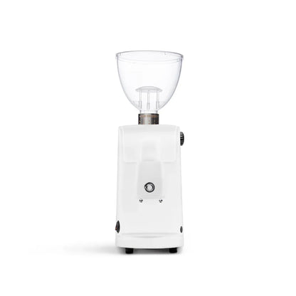 Ascaso i-Mini i-1 coffee grinder front view, white finish, clear hopper, compact design.
