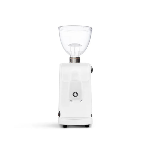 Ascaso i-Mini i-1 coffee grinder front view, white finish, clear hopper, compact design.
