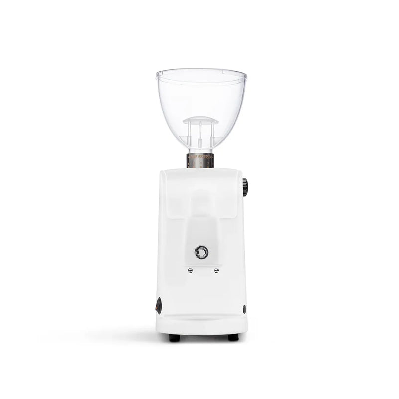 Ascaso i-Mini i-1 coffee grinder front view, white finish, clear hopper, compact design.
