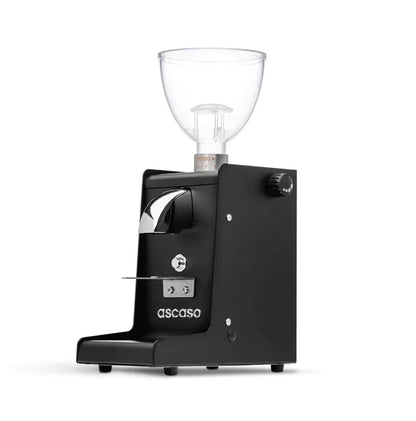 Rear view of Ascaso i‑Steel i‑1 grinder in black, power switch and cable port visible.