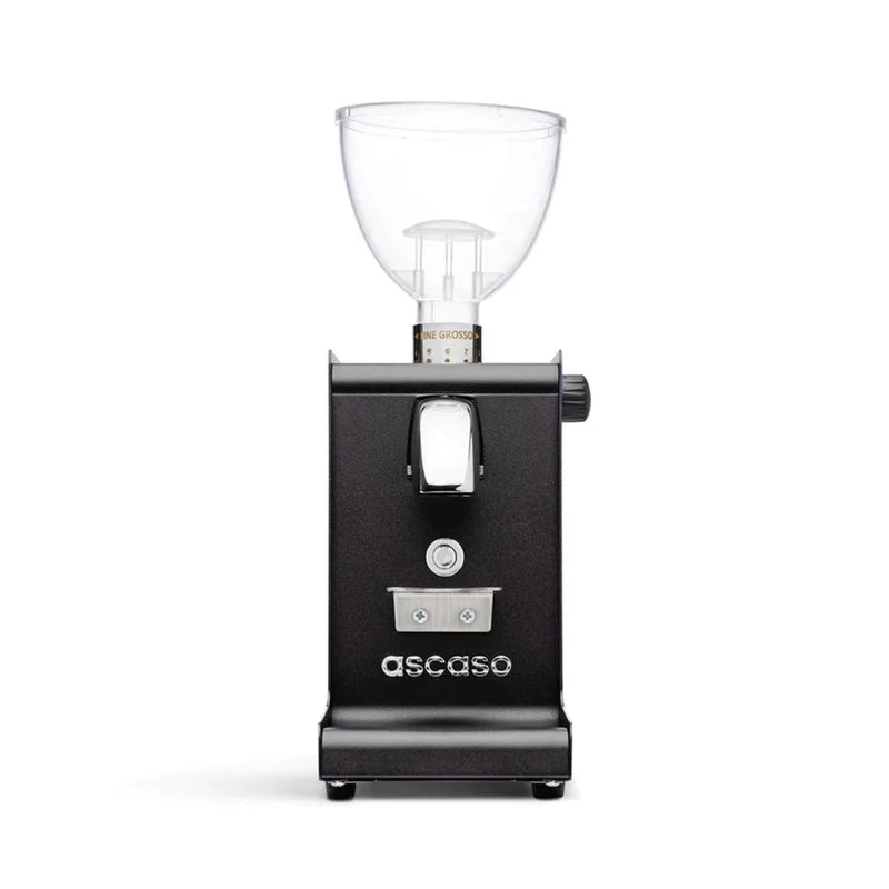 Ascaso i‑Steel i‑1 grinder straight-on front view, white finish with dosing chute and clear hopper.