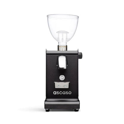 Ascaso i‑Steel i‑1 grinder straight-on front view, white finish with dosing chute and clear hopper.