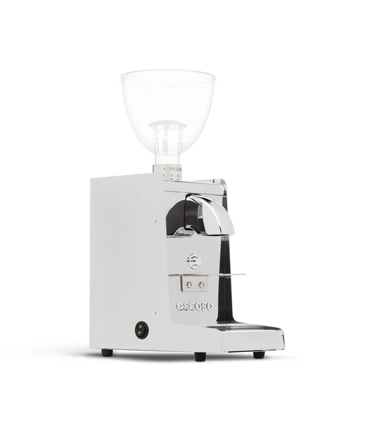 Ascaso i‑Steel i‑1 coffee grinder front-left view, white finish, clear hopper, stainless steel body.