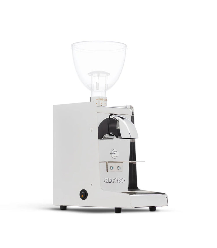 Ascaso i‑Steel i‑1 coffee grinder front-left view, white finish, clear hopper, stainless steel body.