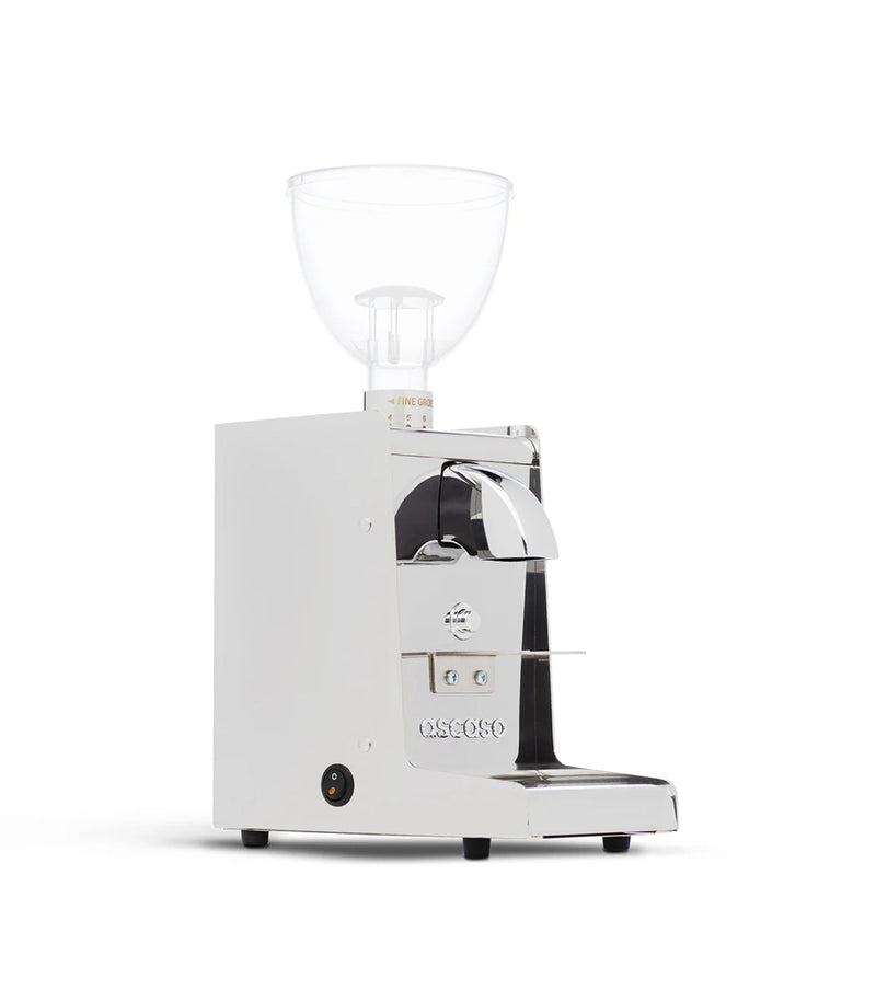 Ascaso i‑Steel i‑1 coffee grinder front-left view, white finish, clear hopper, stainless steel body.