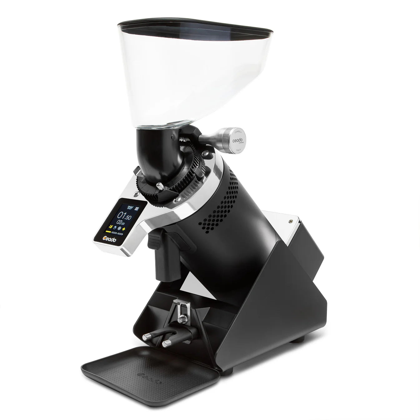 Side angle view of Ceado E37Z-Barista highlighting ergonomic design and 83mm burr assembly
