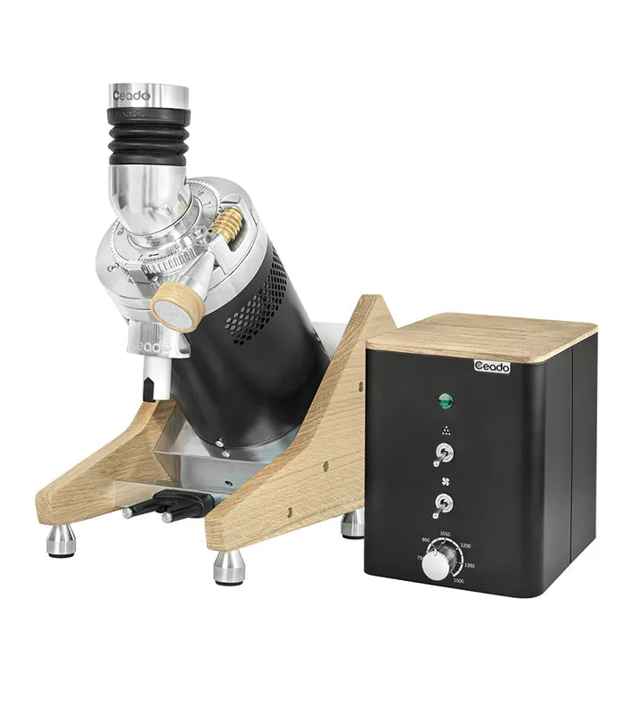 Ceado E37Z espresso grinder featuring chrome-finished grinding head with bean hopper and dosing chamber mounted on natural wood platform base, accompanied by separate black control unit with LED display, power indicator lights, and rotary control knobs for precision grinding adjustmen