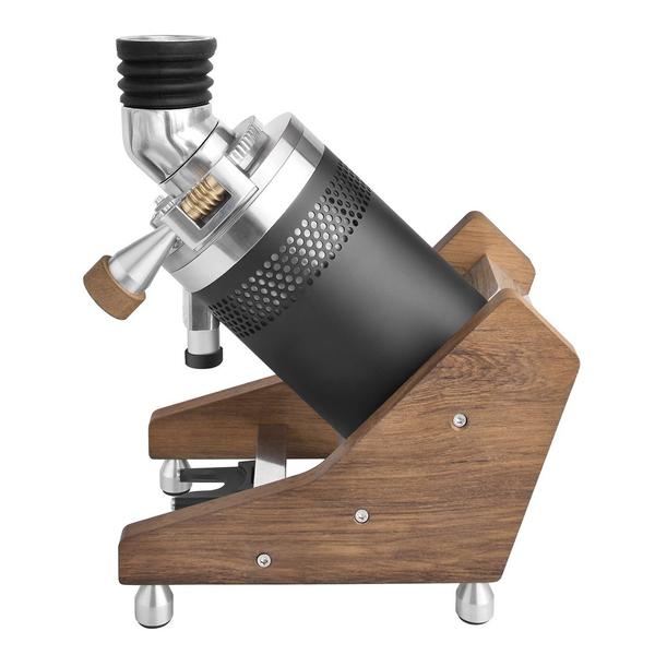 Angled view of Ceado E37Z Hero showing ergonomic wood-accented design and detached control station
