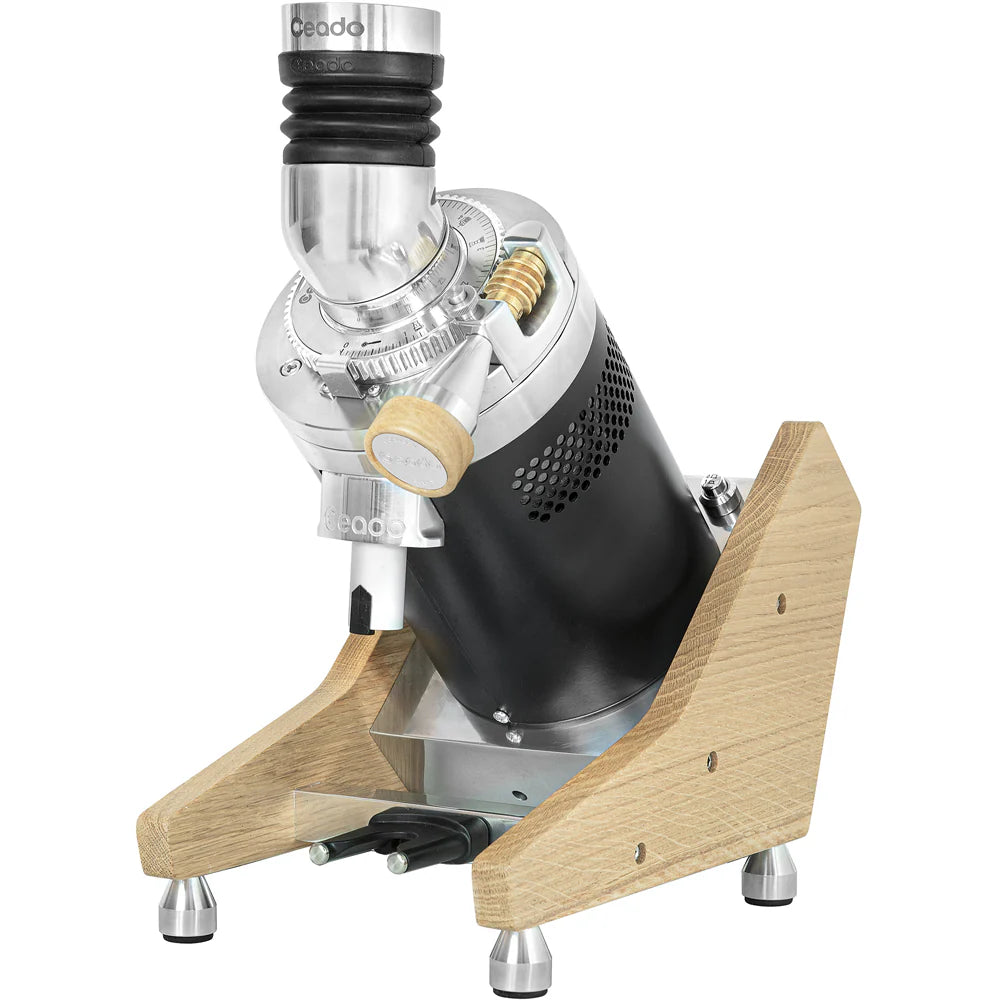 Angled view of Ceado E37Z Naked showing ergonomic design and DLC-coated grinding chamber
