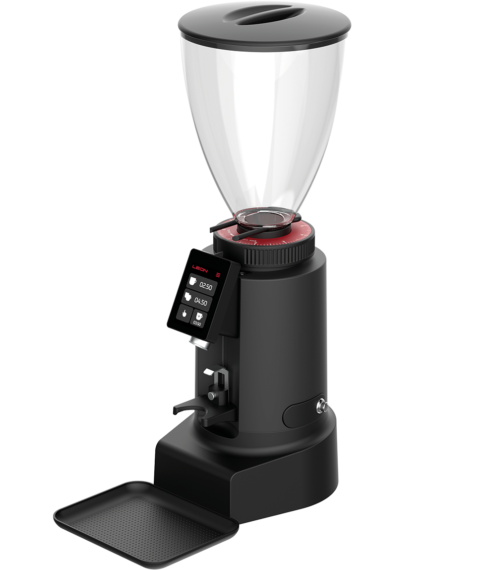 Side profile of Ceado Leon 700 showing compact design with large hopper and ergonomic portafilter holder
