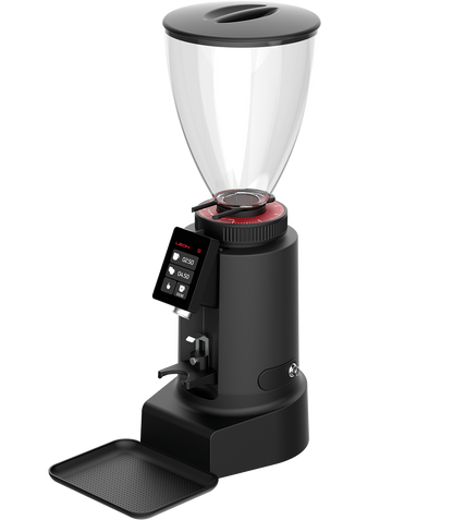 Side profile of Ceado Leon 700 showing compact design with large hopper and ergonomic portafilter holder
