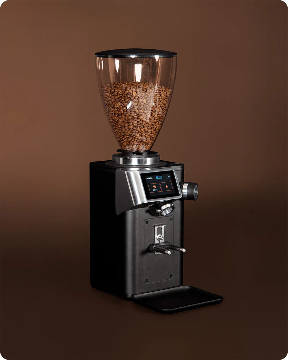 Side profile of Ceado REV Steel showing ergonomic design and 83mm flat burr chamber
