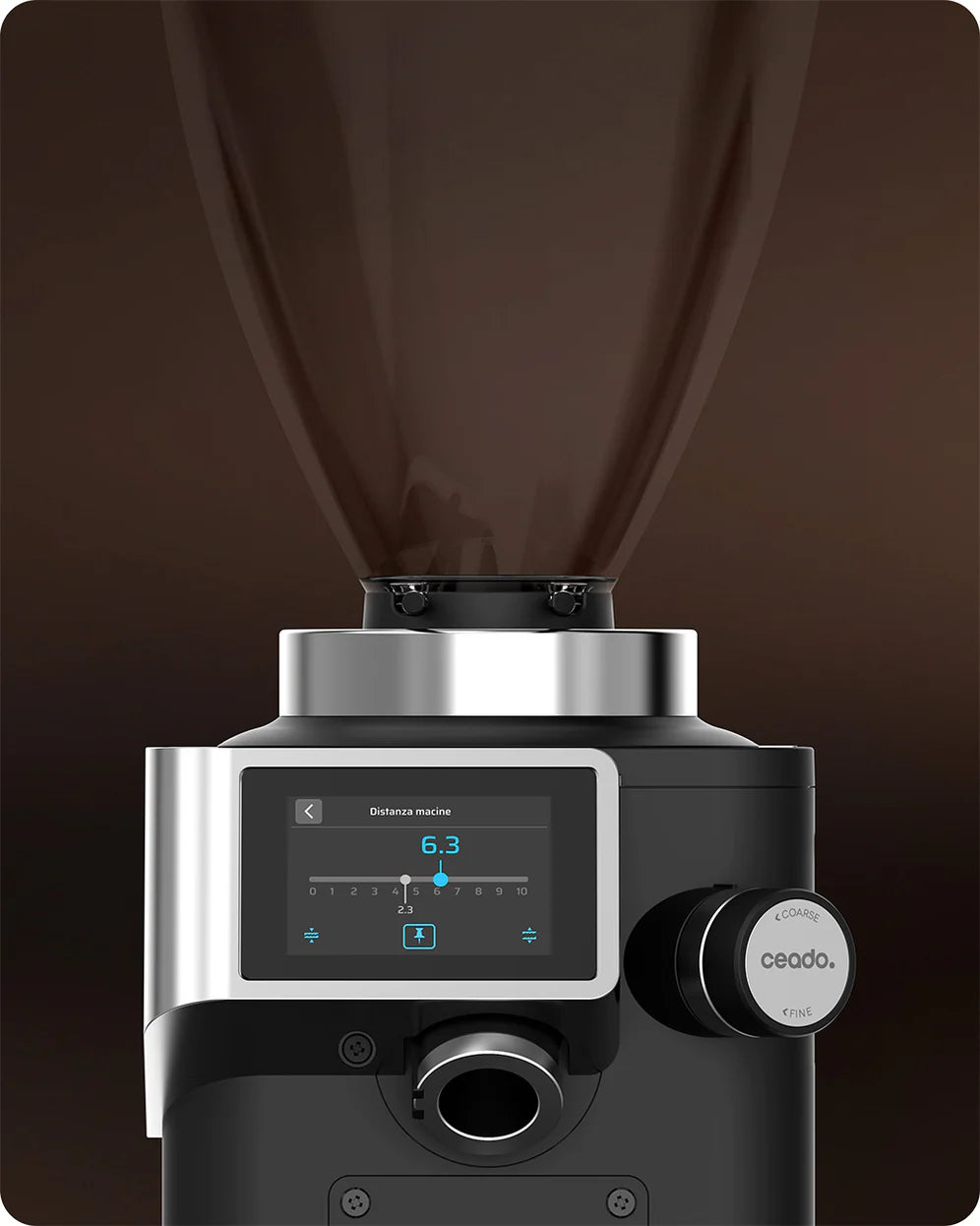 Close-up of Ceado REV Steel multifunction touchscreen displaying grind settings and dose controls
