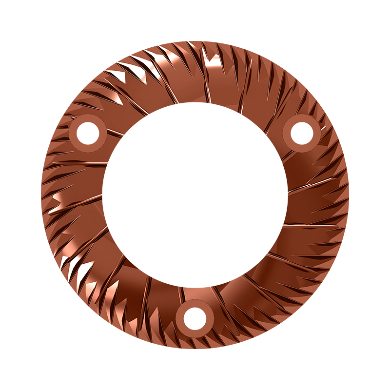 Close-up of Ceado REV Zero's Red Speed coated flat burr showing distinctive copper color and sharp cutting edges