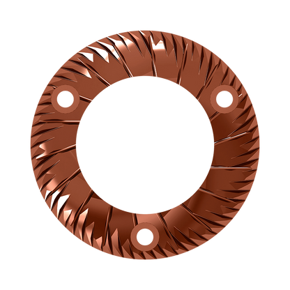 Close-up of Ceado REV Zero's Red Speed coated flat burr showing distinctive copper color and sharp cutting edges