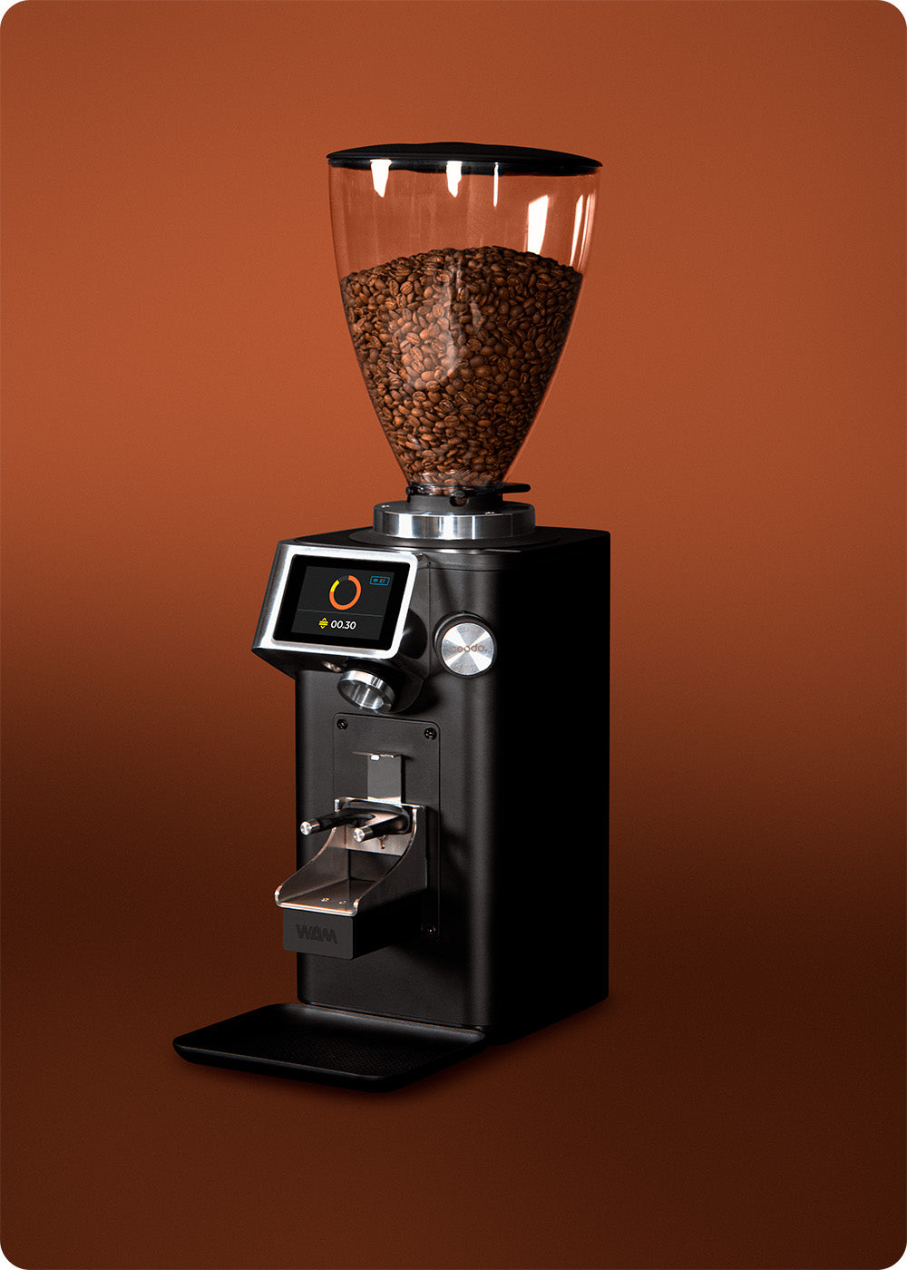 Ceado REV Zero WAM coffee grinder in black finish with large transparent bean hopper against a warm brown background