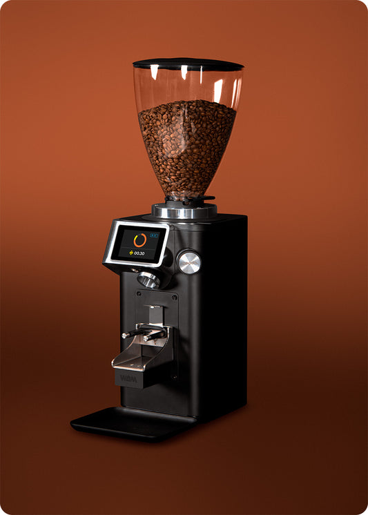 Ceado REV Zero WAM coffee grinder in black finish with large transparent bean hopper against a warm brown background