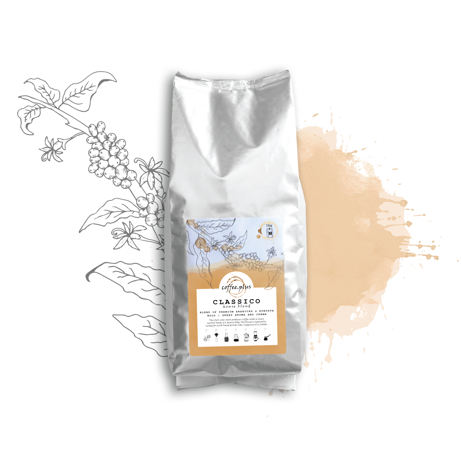 Classico coffee bag with elegant silver packaging and premium classic blend branding
