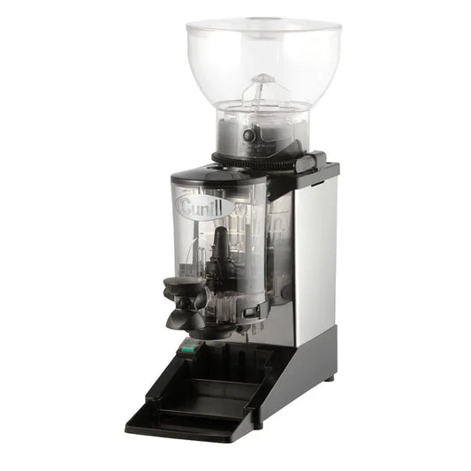 Cunill Tauro Tron coffee grinder with stainless steel body, rotatable tamper, and transparent bean hopper