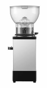 Cunill Tauro Tron coffee grinder front view, stainless steel finish, clear hopper.
