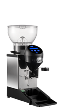 Cunill Tauro Tron grinder left-side view showing hopper, touchscreen, and dosing chute.
