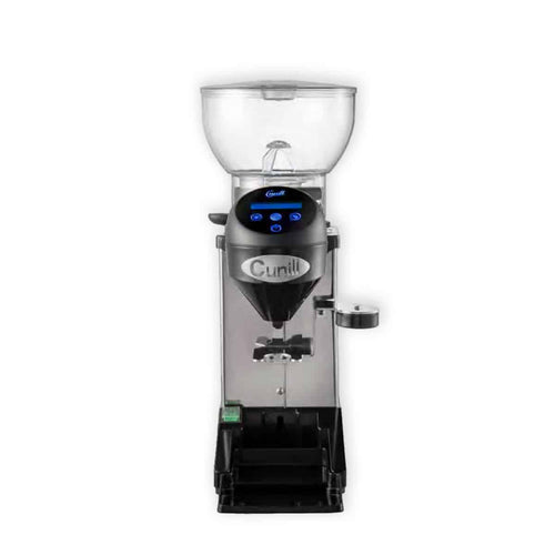 Cunill Tauro Tron grinder side angle, stainless steel body, dosing mechanism visible.
