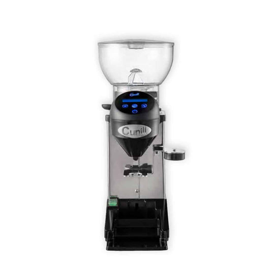 Cunill Tauro Tron grinder side angle, stainless steel body, dosing mechanism visible.
