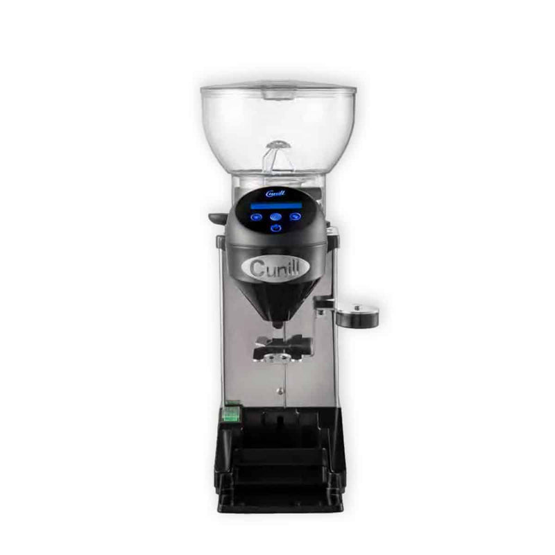Cunill Tauro Tron grinder side angle, stainless steel body, dosing mechanism visible.

