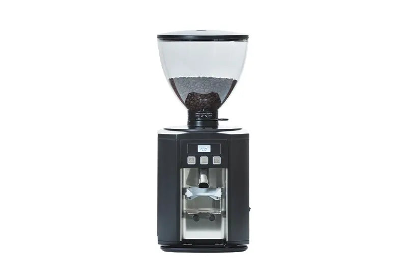 Dalla Corte DC One commercial coffee grinder in black finish with transparent bean hopper and digital control panel