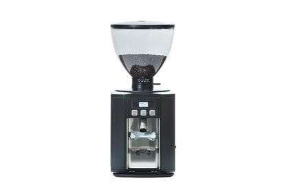 Dalla Corte DC One commercial coffee grinder in black finish with transparent bean hopper and digital control panel