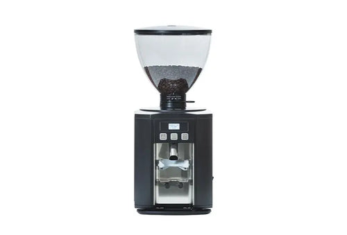 Dalla Corte DC One commercial coffee grinder in black finish with transparent bean hopper and digital control panel