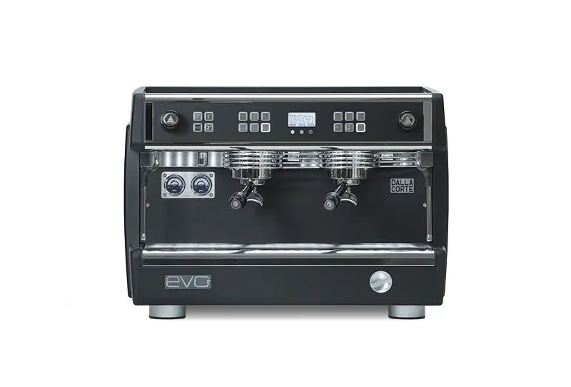 Close-up front view of black Dalla Corte EVO 2 with digital controls and group heads